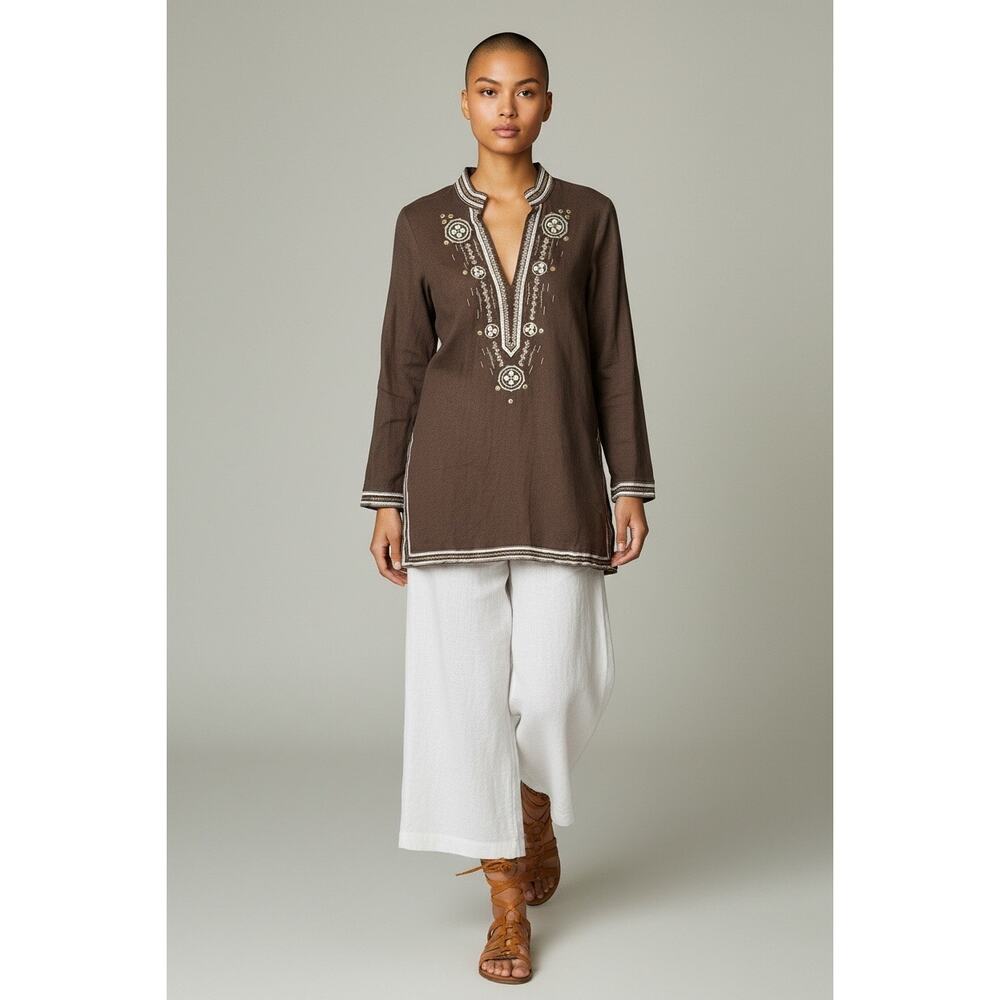 Vintage Old Navy Boho Hippie Brown Linen Embroidered Tunic Blouse M